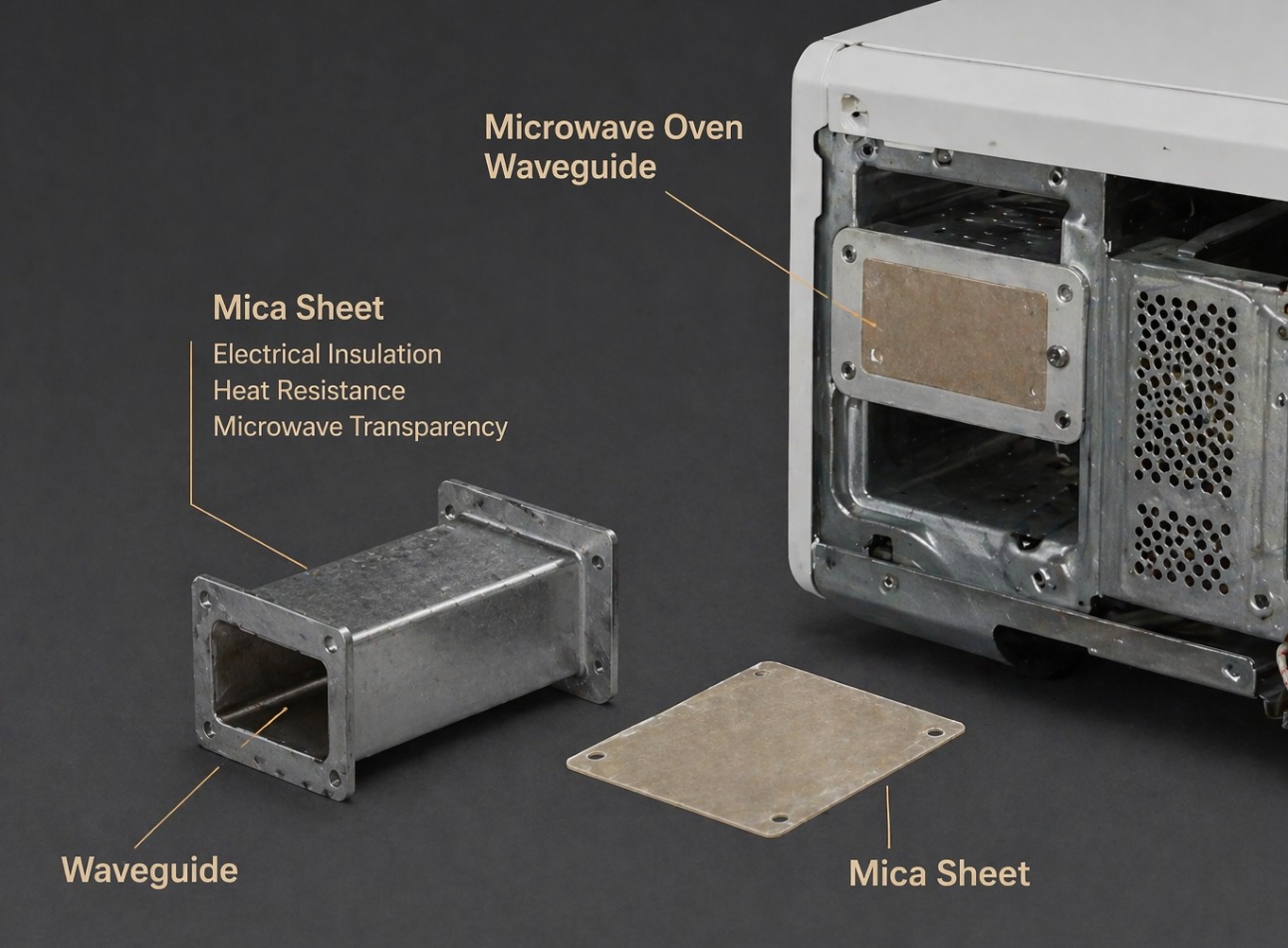 Mica waveguide cover in microwave oven - dielectric insulation for electrical safety in household appliances